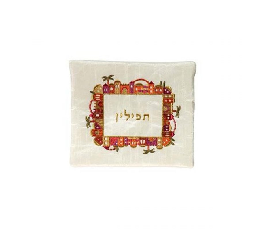 Embroidered Tallit and Tefillin Bag Set, Jerusalem Frame on Off White - Yair Emanuel