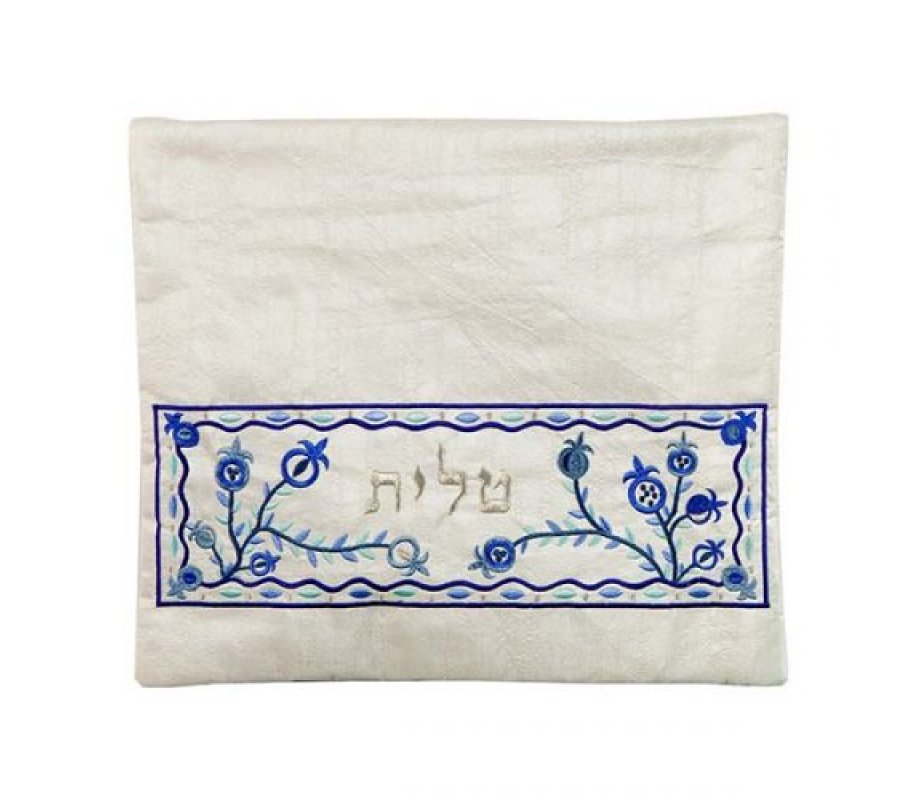 Embroidered Tallit and Tefillin Bags, Blue Pomegranates on Off White - Yair Emanuel