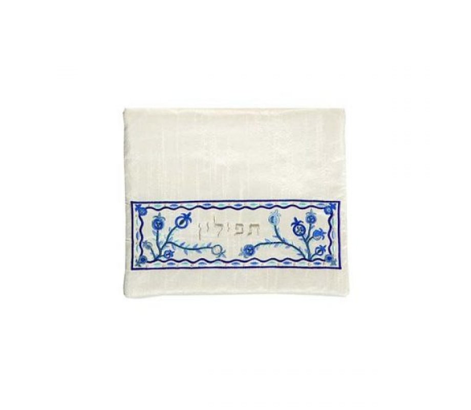 Embroidered Tallit and Tefillin Bags, Blue Pomegranates on Off White - Yair Emanuel