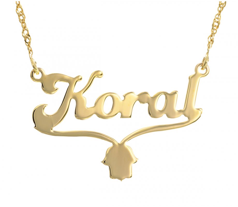 English Cursive 18k Gold Plated Name Necklace with Hamsa Hand