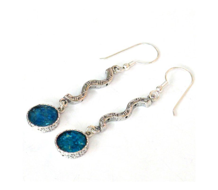 Engraved Sterling Silver Dangle Earrings with Framed Roman Glass - Michal Kirat