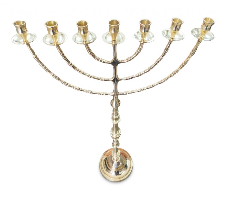 Extra Large Gold Brass Seven Branch Menorah on Stem - 32