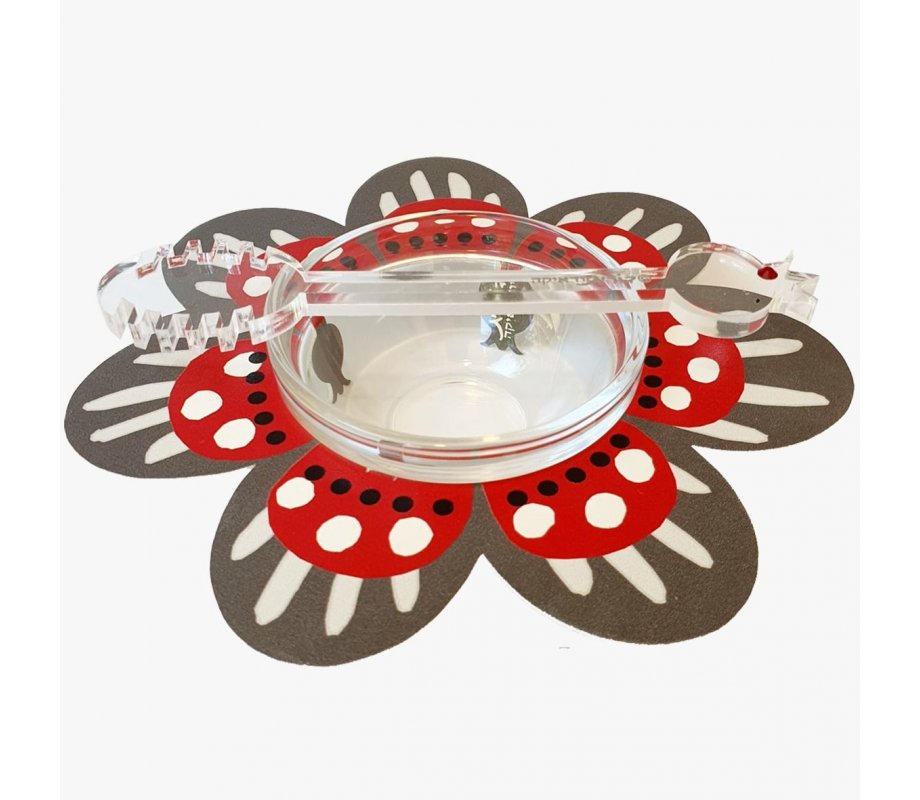 Flower Shaped Honey Dish with Glass Bowl and Spoon, Gray and Red - Dorit Judaica