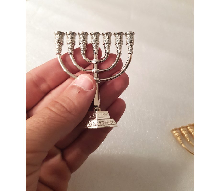 For Decoration, Miniature Seven Branch Menorah - Silver, 2.6 Inches Height