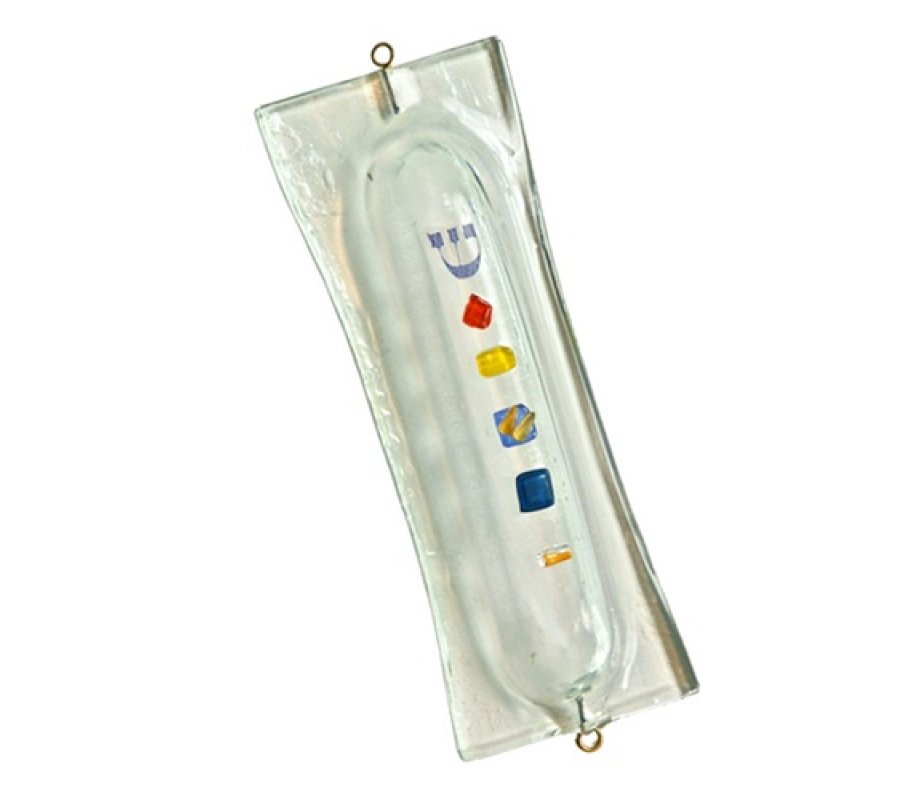 Fused Glass Mezuzah Case, Off White with Colored Glass Decorations - Itay Mager