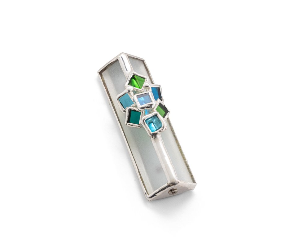 Glass and Metal Israel Museum Mezuzah Case - Turquoise Cluster