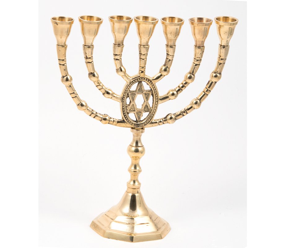 Gold Colored Brass Seven Branch Menorah, Framed Star of David  10