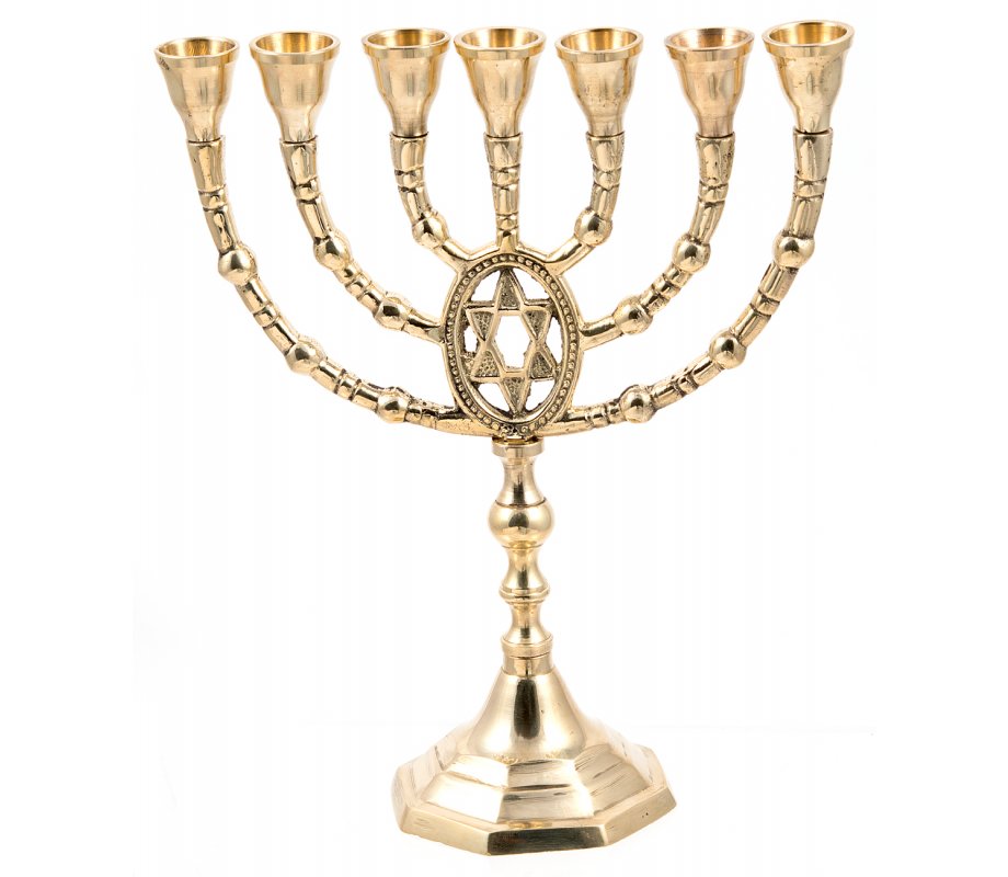 Gold Colored Brass Seven Branch Menorah, Framed Star of David  10