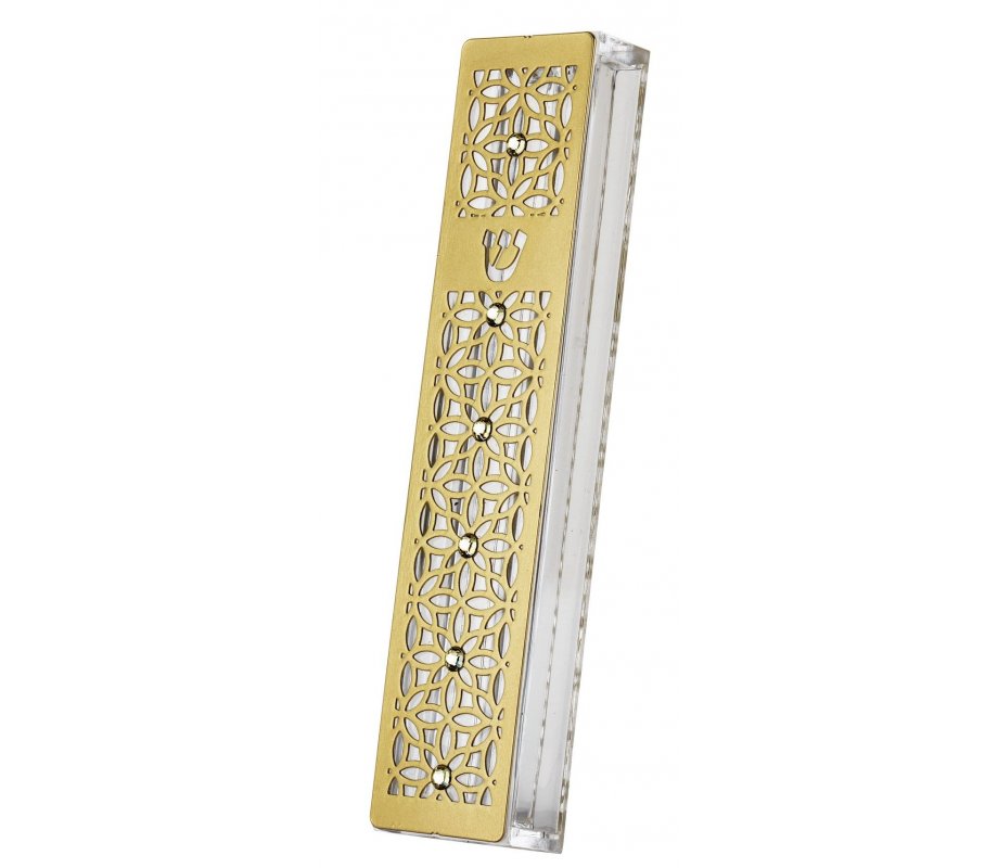 Gold Stainless Steel Acrylic Mezuzah Case with Crystals, Petal Design - Dorit Judaica
