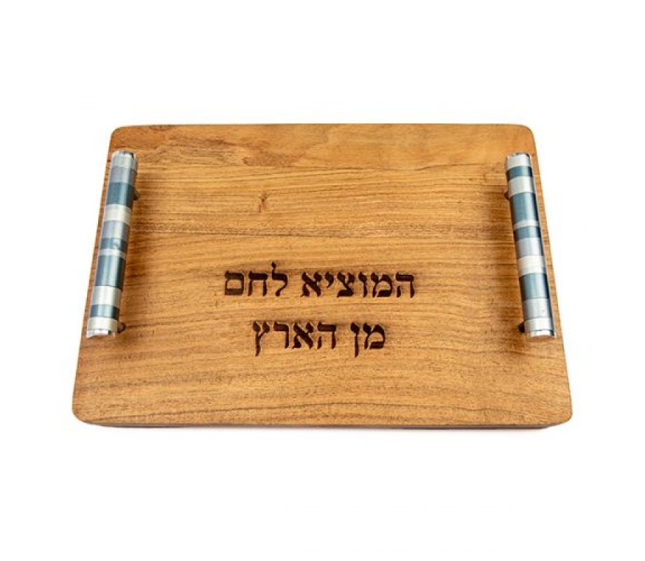Grained Wood Challah Board with Blessing Words, Gray Handles - Yair Emanuel