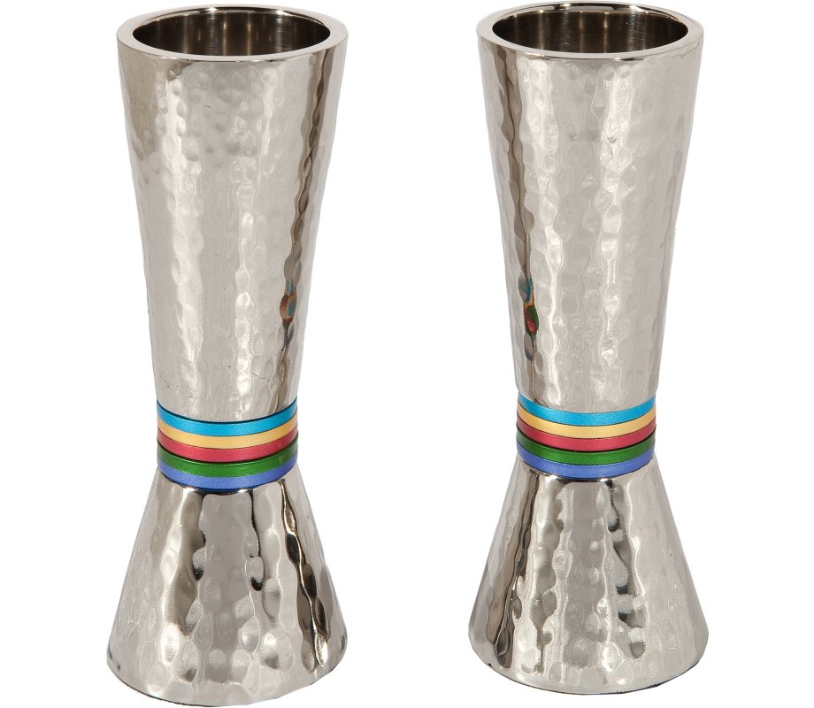 Hammered Nickel Cone Candlesticks with Colored Rings - Yair Emanuel