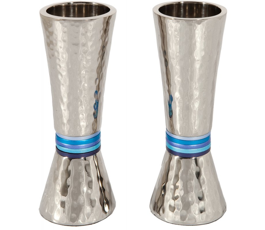 Hammered Nickel Cone Candlesticks with Colored Rings - Yair Emanuel