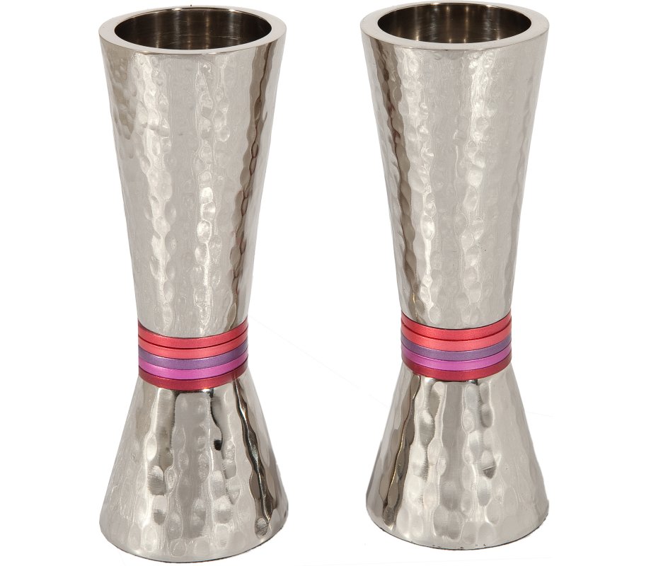 Hammered Nickel Cone Candlesticks with Colored Rings - Yair Emanuel