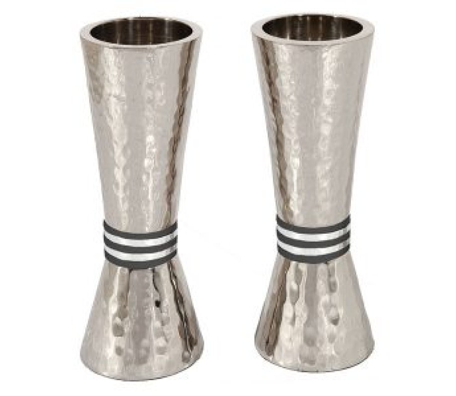 Hammered Nickel Cone Candlesticks with Colored Rings - Yair Emanuel
