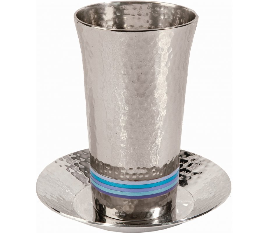 Hammered Nickel Kiddush Cup and Saucer with Colored Rings - Yair Emanuel