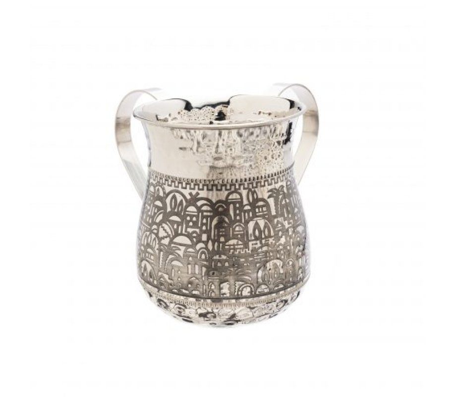 Hammered Stainless Steel Netilat Yadayim Wash Cup, Jerusalem Images - Yair Emanuel