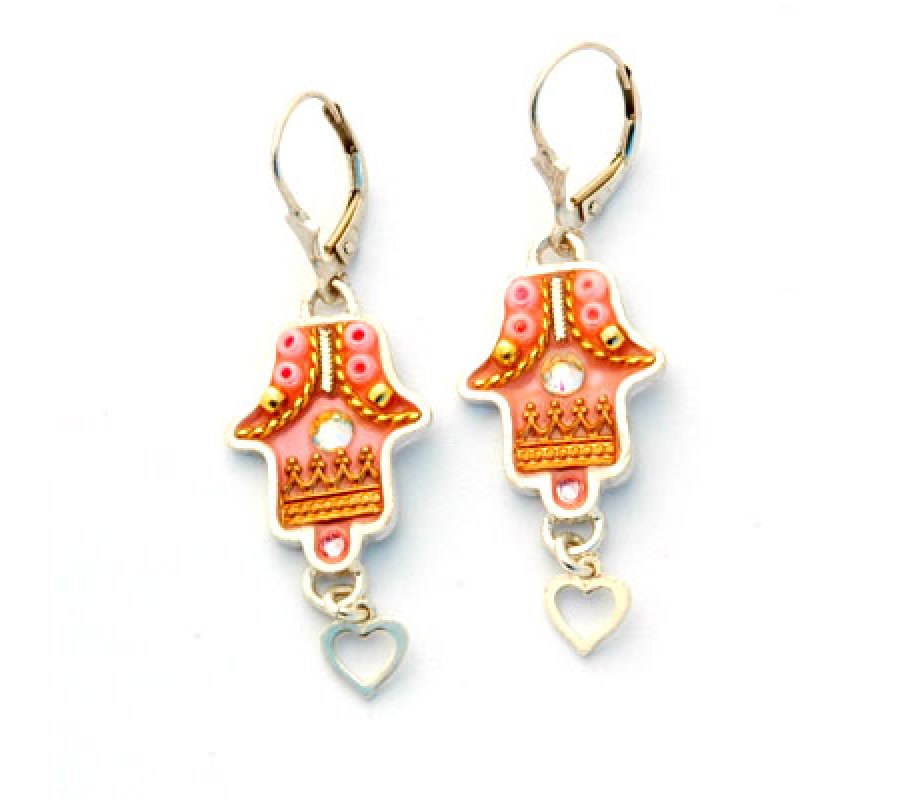 Hamsa Earrings with Heart Dangle - Ester Shahaf