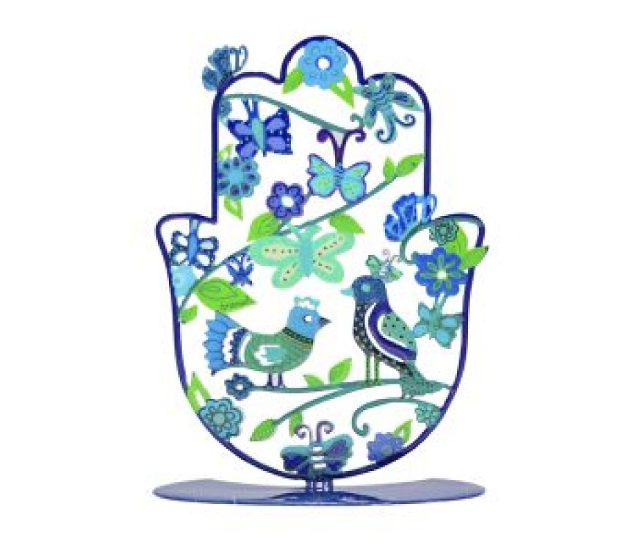 Hamsa Sculpture on Stand, Blue Birds on Pastoral Scene, Small - Yair Emanuel