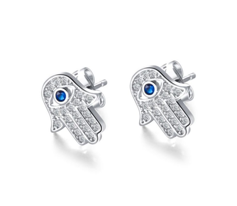Hamsa Stud Earrings of Sterling Silver, White Zircons and Blue Center - Option Gold