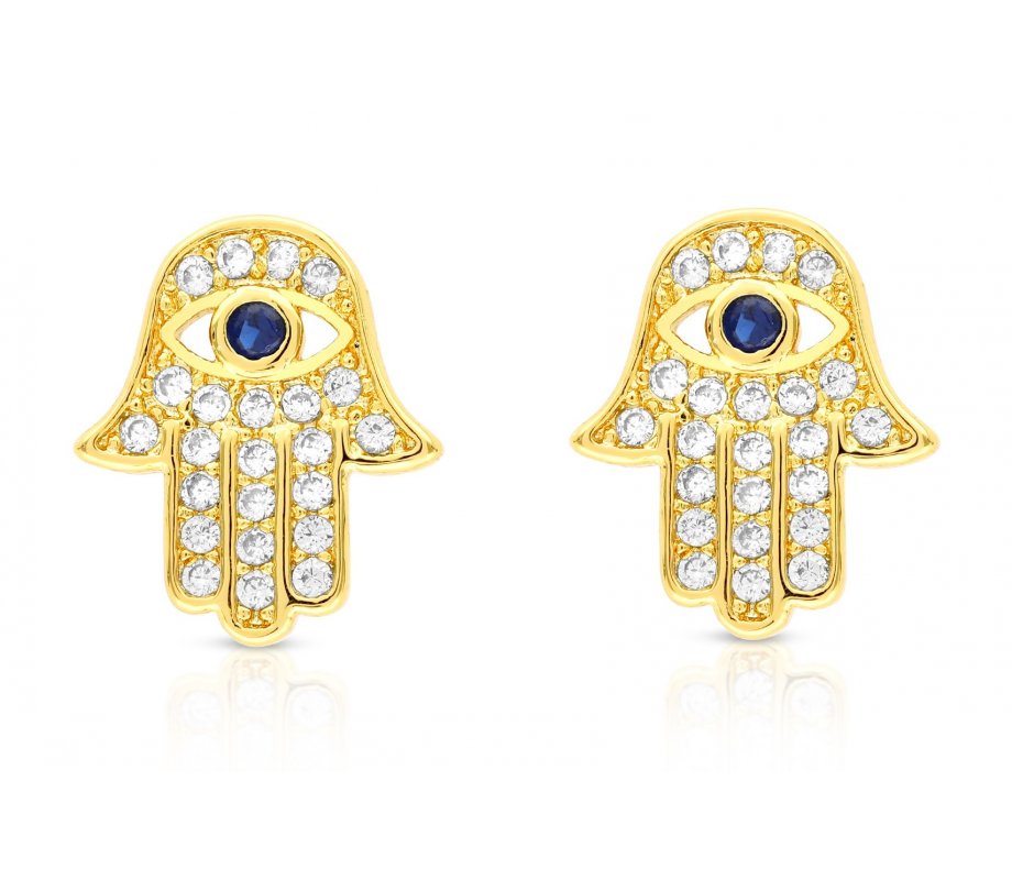Hamsa Stud Earrings of Sterling Silver, White Zircons and Blue Center - Option Gold