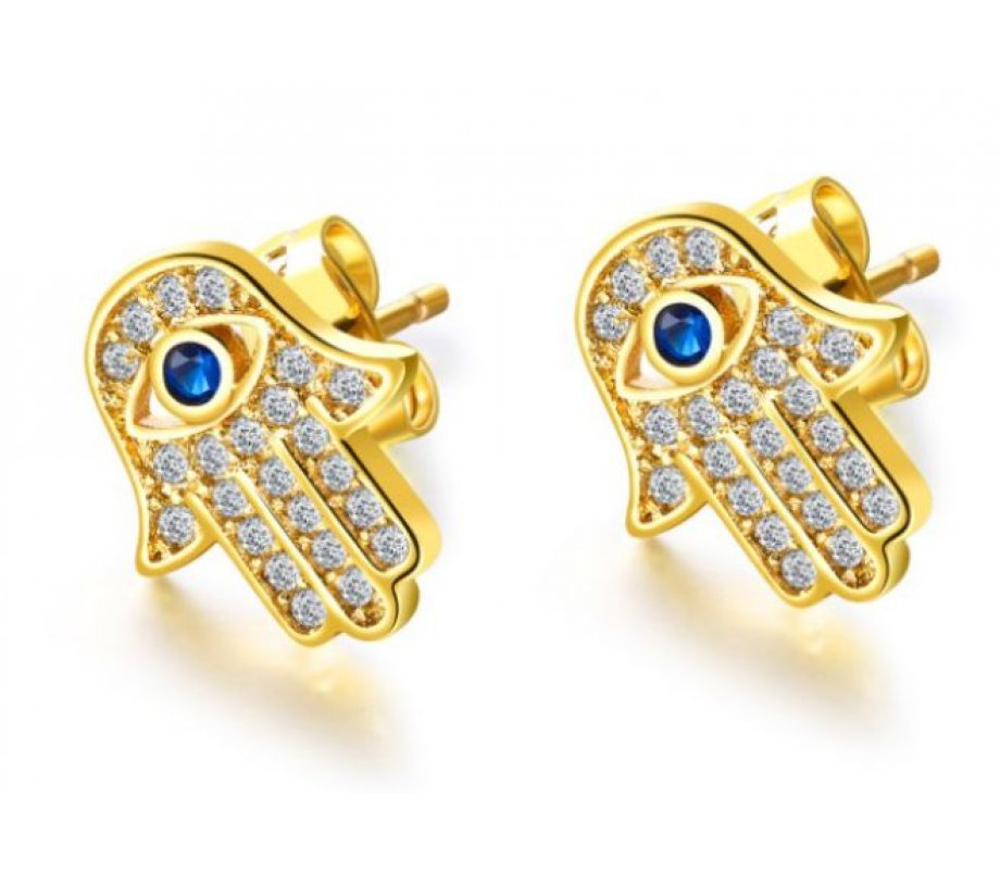 Hamsa Stud Earrings of Sterling Silver, White Zircons and Blue Center - Option Gold