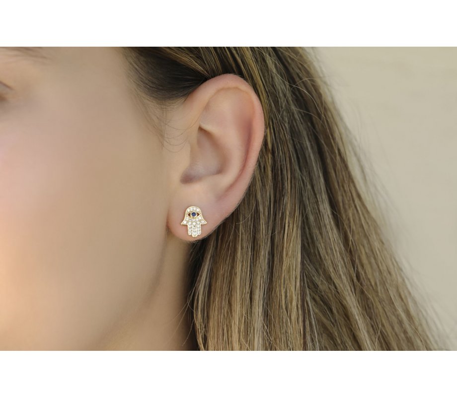 Hamsa Stud Earrings of Sterling Silver, White Zircons and Blue Center - Option Gold