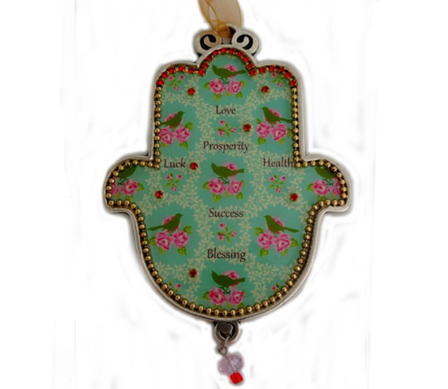 Hamsa Wall Plaque, Beaded Roses and Birds with English Blessing Words - Iris Design