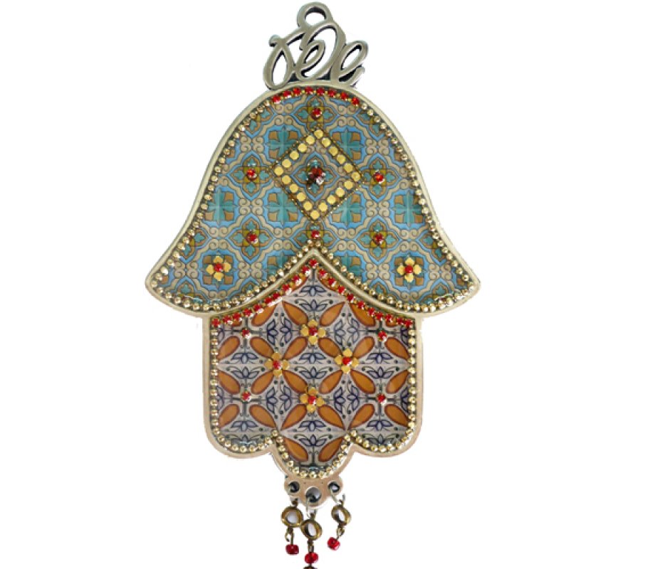 Hamsa Wall Plaque, Colorful Leaf Motif and Protective Eye Image - Iris Design