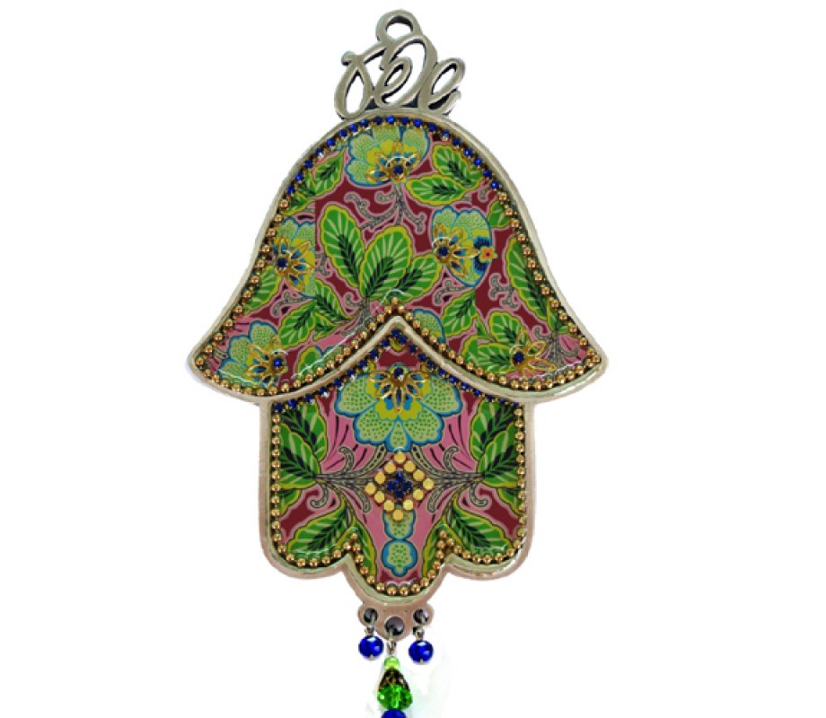 Hamsa Wall Plaque, Green and Pink Foliage with Gold Protective Eye - Iris Design