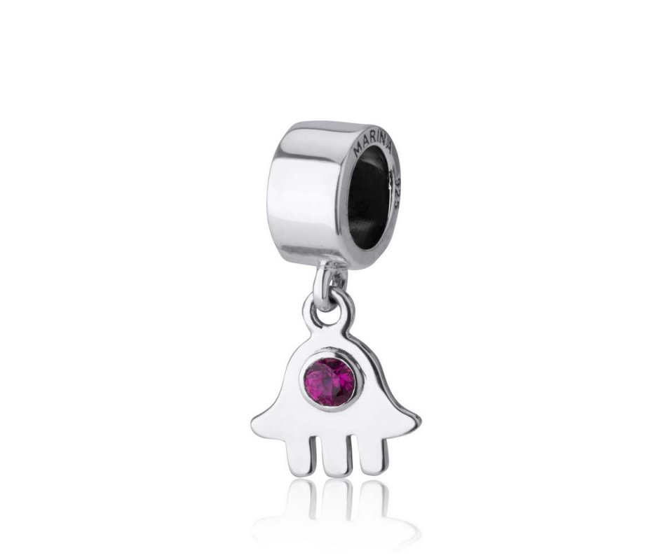 Hamsa with Red Stone Charm in Silver