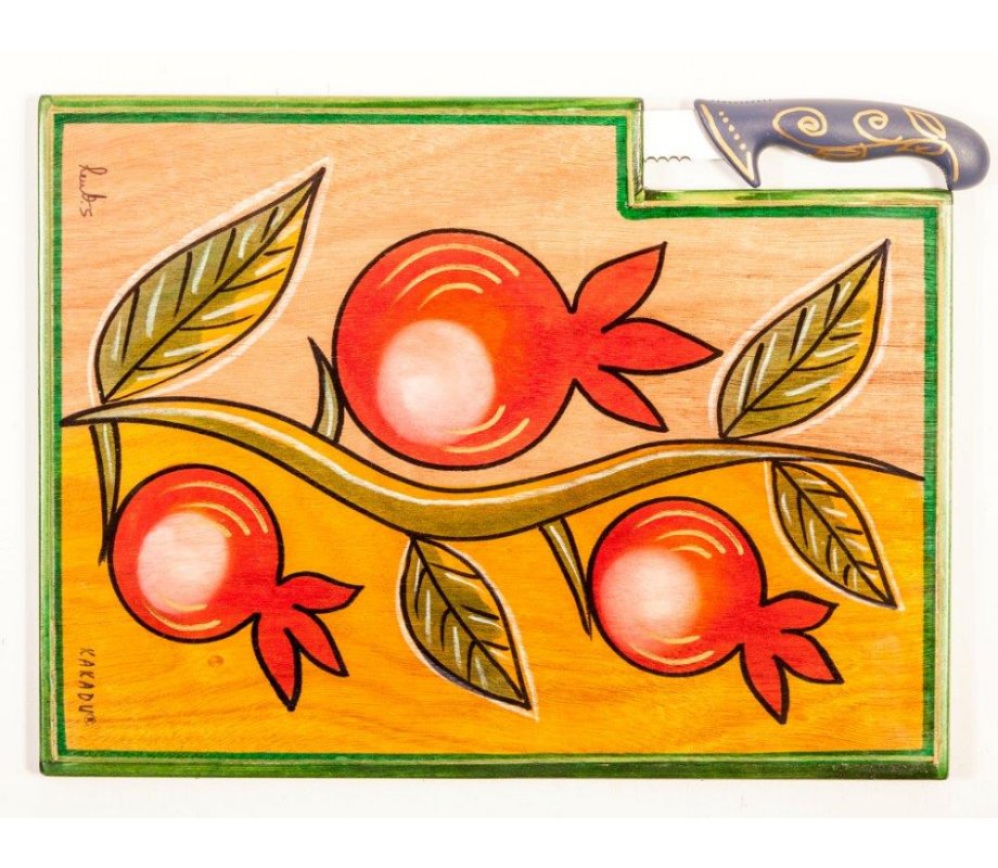 Hand Painted Challah Board and Knife, Pomegranates - Kakadu