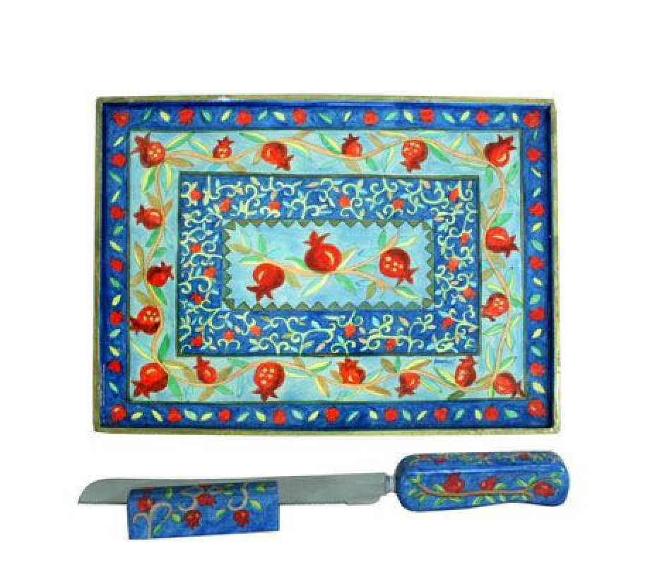 Hand Painted Challah Board and Knife Set, Pomegranates - Yair Emanuel
