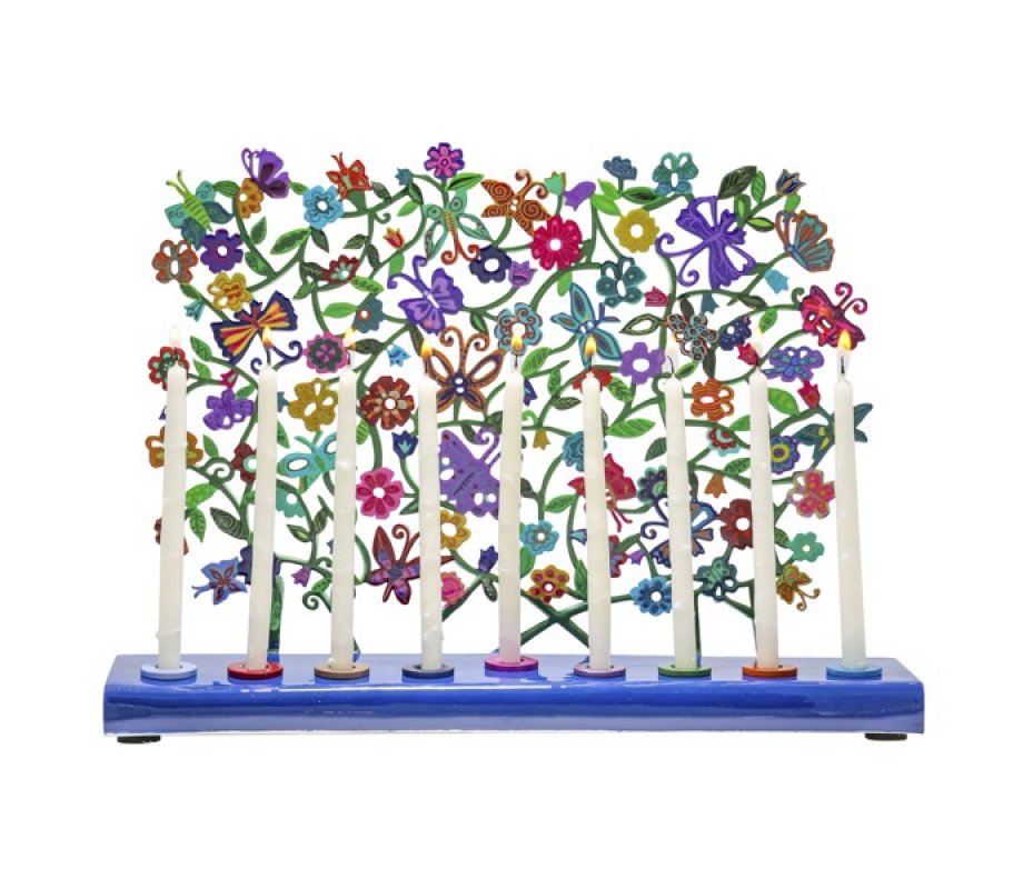 Hand Painted Chanukah Menorah, Butterflies and Flowers – Yair Emanuel