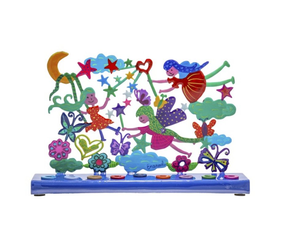 Hand Painted Chanukah Menorah, Colorful Fairy figures – Yair Emanuel