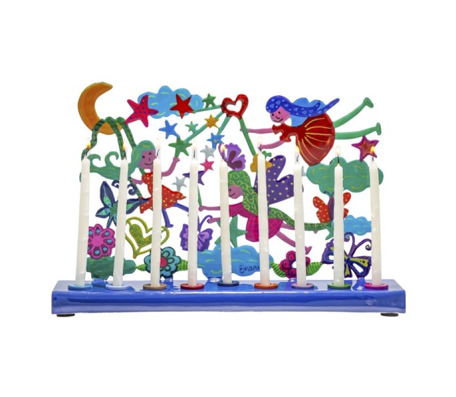 Hand Painted Chanukah Menorah, Colorful Fairy figures – Yair Emanuel
