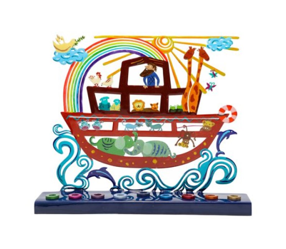 Hand Painted Chanukah Menorah, Colorful Noahs Ark with Rainbow - Yair Emanuel
