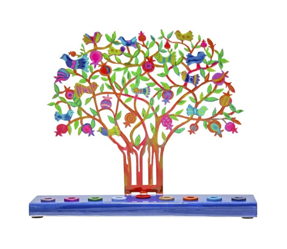 Hand Painted Chanukah Menorah, Colorful Pomegranate Tree and Birds - Yair Emanuel