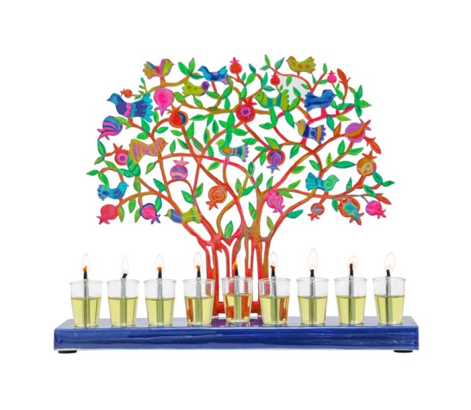 Hand Painted Chanukah Menorah, Colorful Pomegranate Tree and Birds - Yair Emanuel
