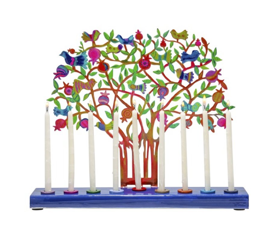 Hand Painted Chanukah Menorah, Colorful Pomegranate Tree and Birds - Yair Emanuel