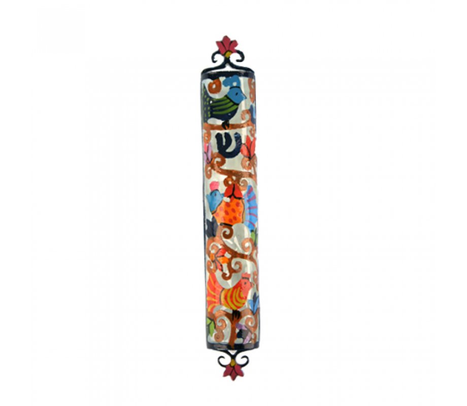 Hand Painted Colorful Laser Cut Metal Mezuzah Case, Birds - Yair Emanuel