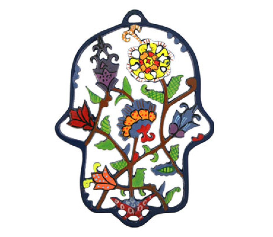 Hand Painted Colorful Laser Cut Wall Hamsa, Flowers - Yair Emanuel