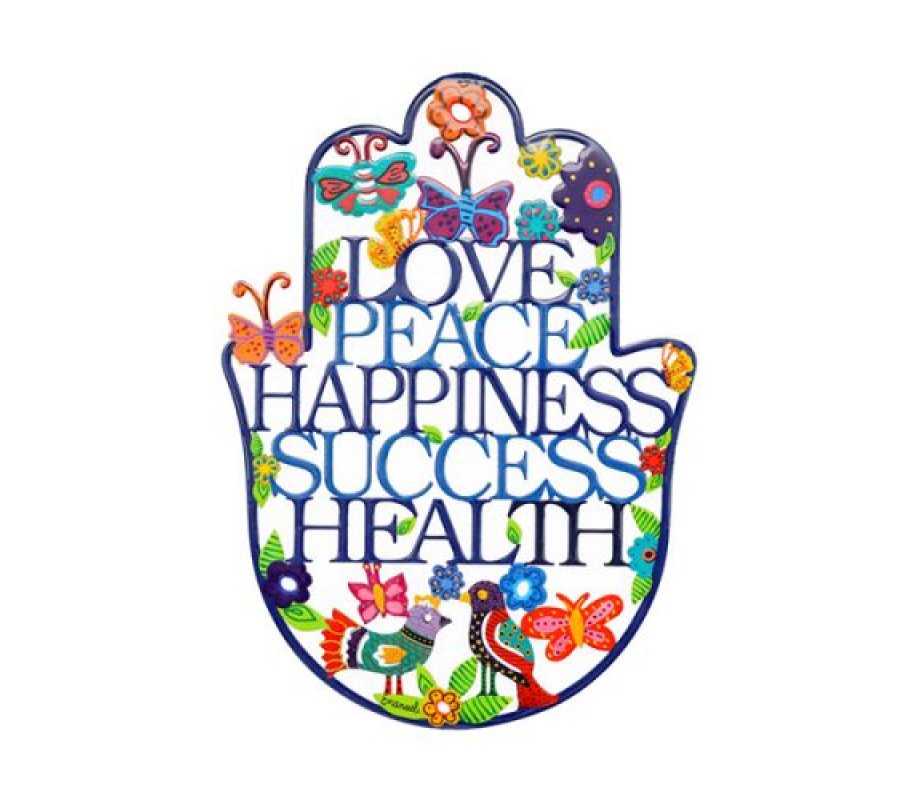 Hand Painted Colorful Wall Hamsa with English Blessing Words, Medium - Yair Emanuel