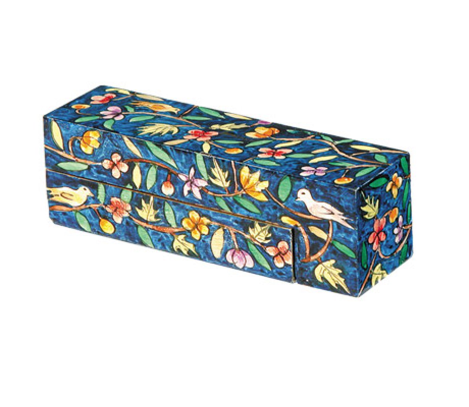 Hand Painted Compact Wood Hanukkah Menorah with Blue Forest Images - Yair Emanuel