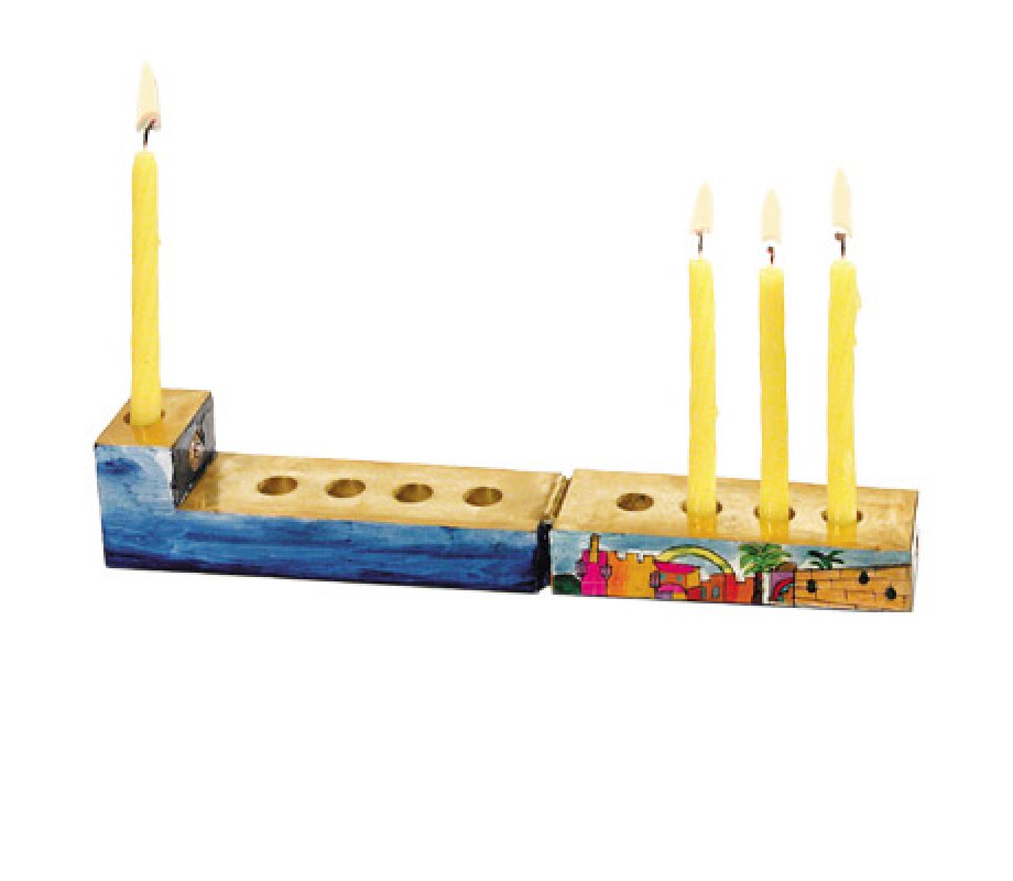 Hand Painted Compact Wood Hanukkah Menorah with Jerusalem Images - Yair Emanuel