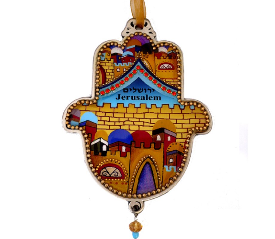 Hand Painted Hamsa Wall Plaque, Colorful Jerusalem Images - Iris Design