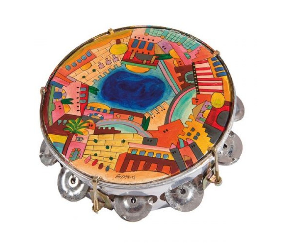 Hand Painted Leather Tambourine, Colorful Jerusalem Images - Yair Emanuel,