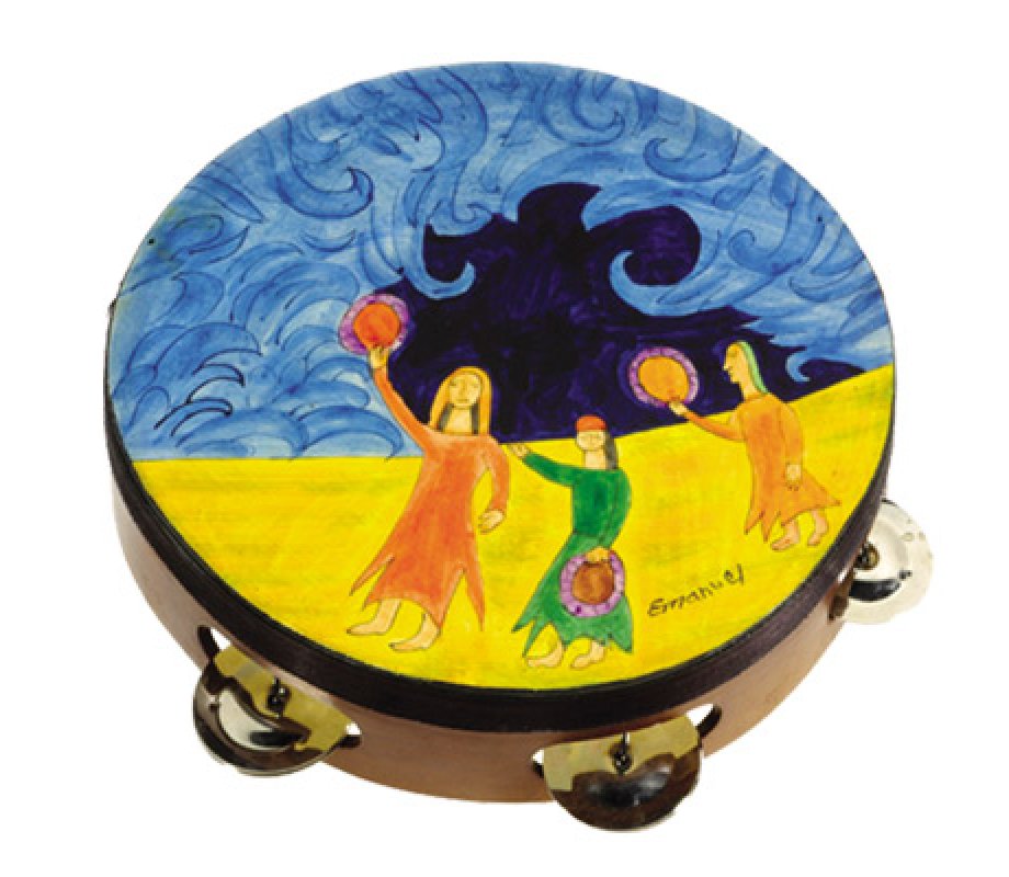 Hand Painted Leather Tambourine, Miriam at Red Sea - Yair Emanuel