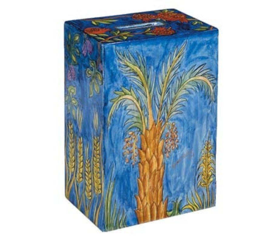 Hand Painted Rectangle Charity Tzedakah Box, Seven Species - Yair Emanuel