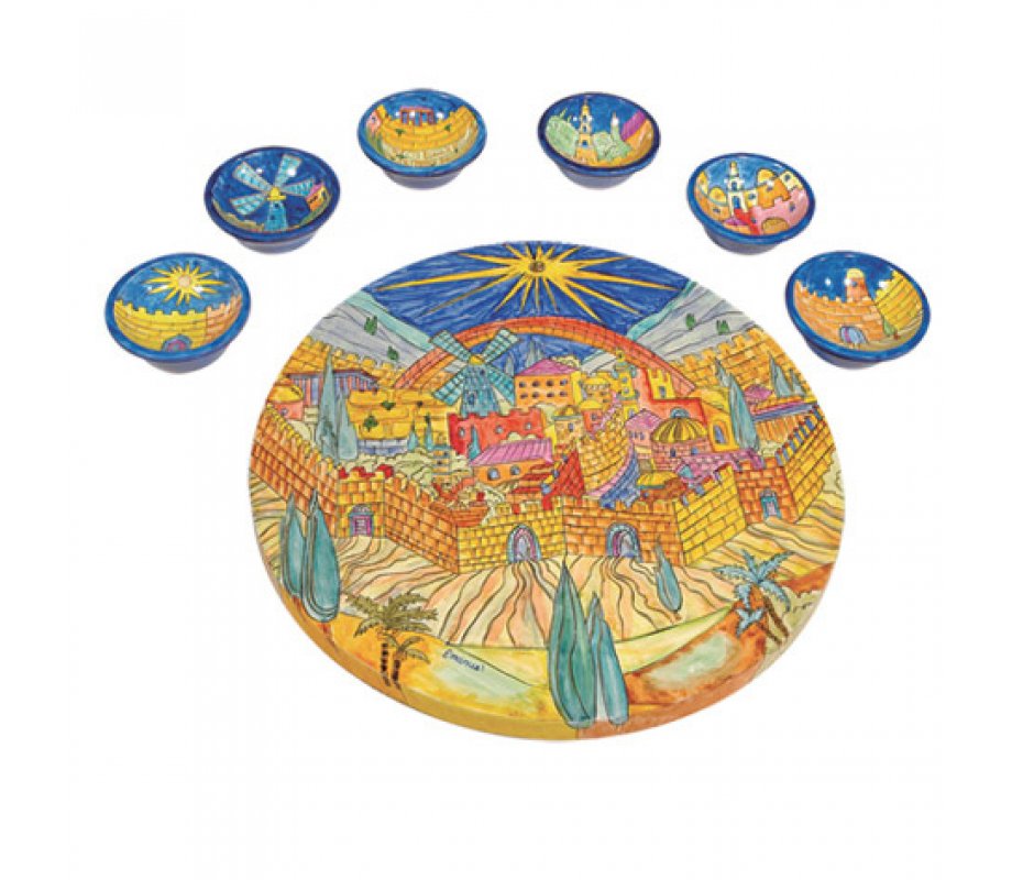 Hand Painted Seder Plate with Six Bowls, Golden Jerusalem - Yair Emanuel