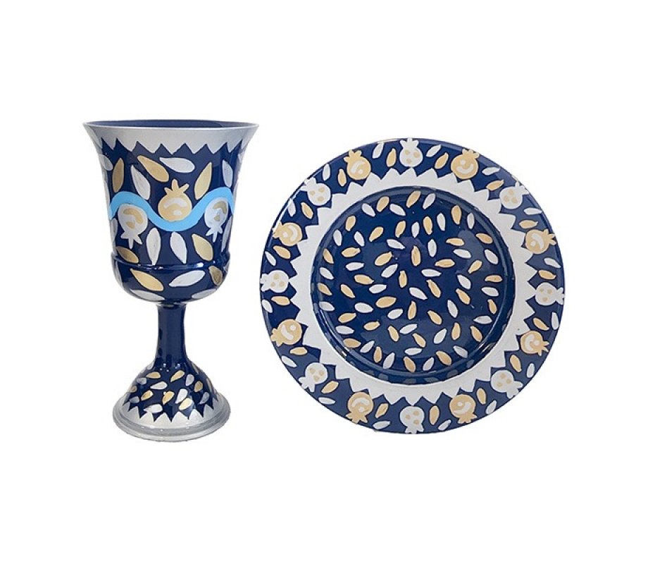 Hand Painted Stem Kiddush Cup, Swirling Pomegranates, Blue - Yair Emanuel